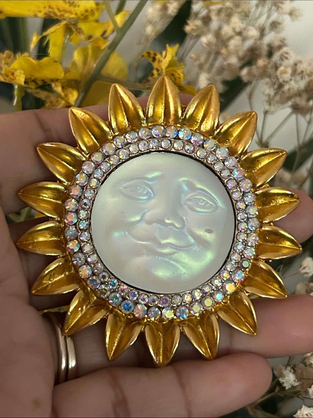 Gold Sun Face Brooch with Iridescent Center